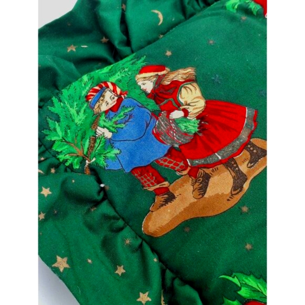 Vintage 90s 80s Y2k Decor Green Christmas Pillow W/ Holiday Prints & Ruffle Trim - Picture 5 of 7